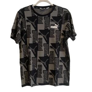 Puma Black Gray Power AOP All Over Print Logo Regular Fit T Shirt Size Medium